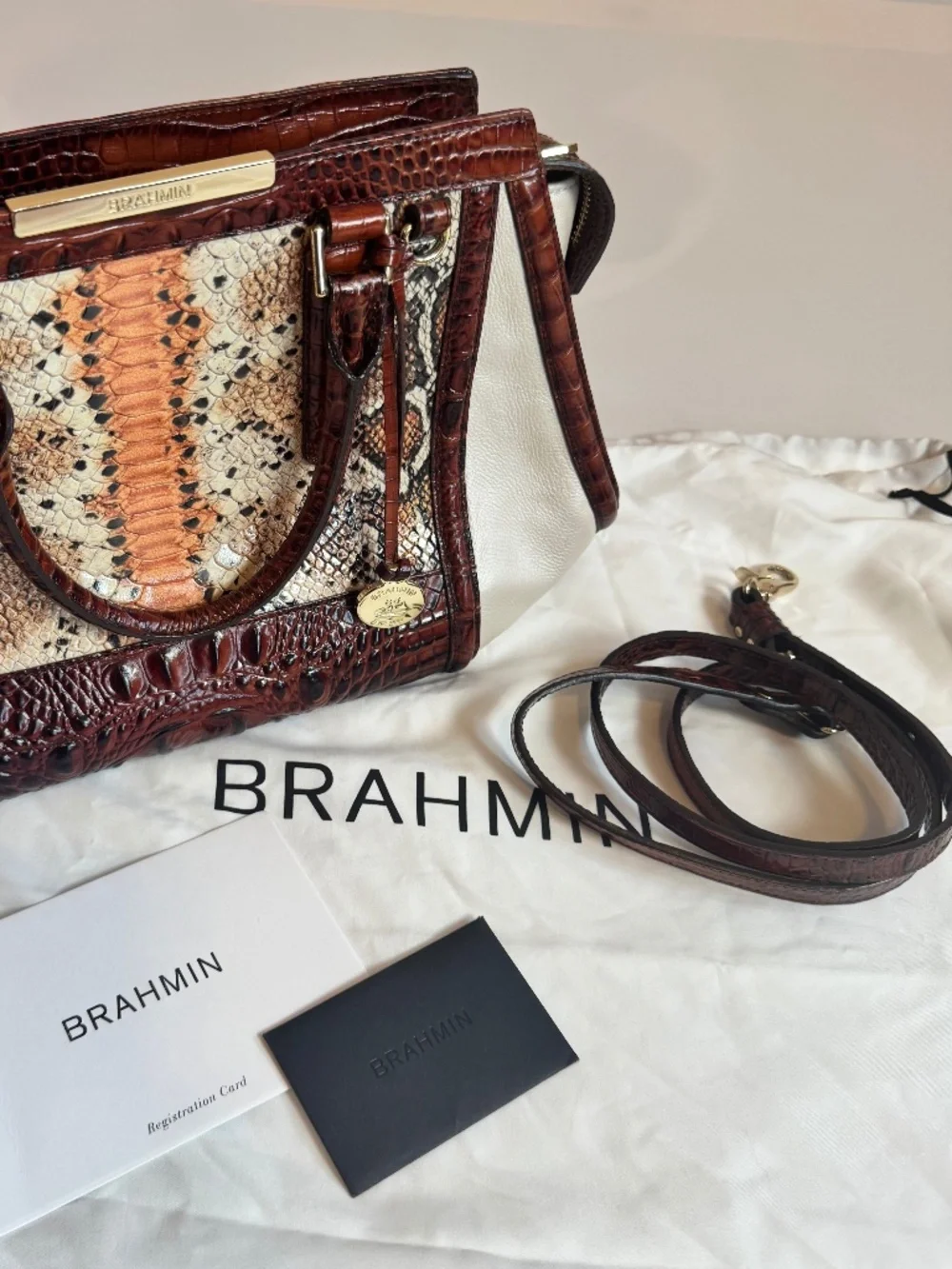 Brahmin Satchel Handbag Snakeskin Leather Trim Mini Asher Melbourne Hemlock